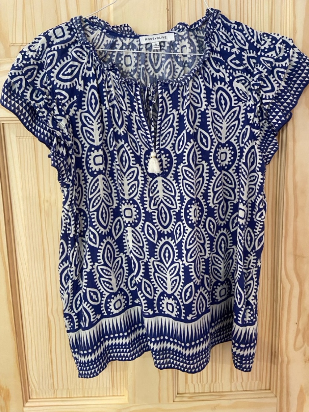 Rose & Olive Navy and White Printed Boho Peasant Blouse